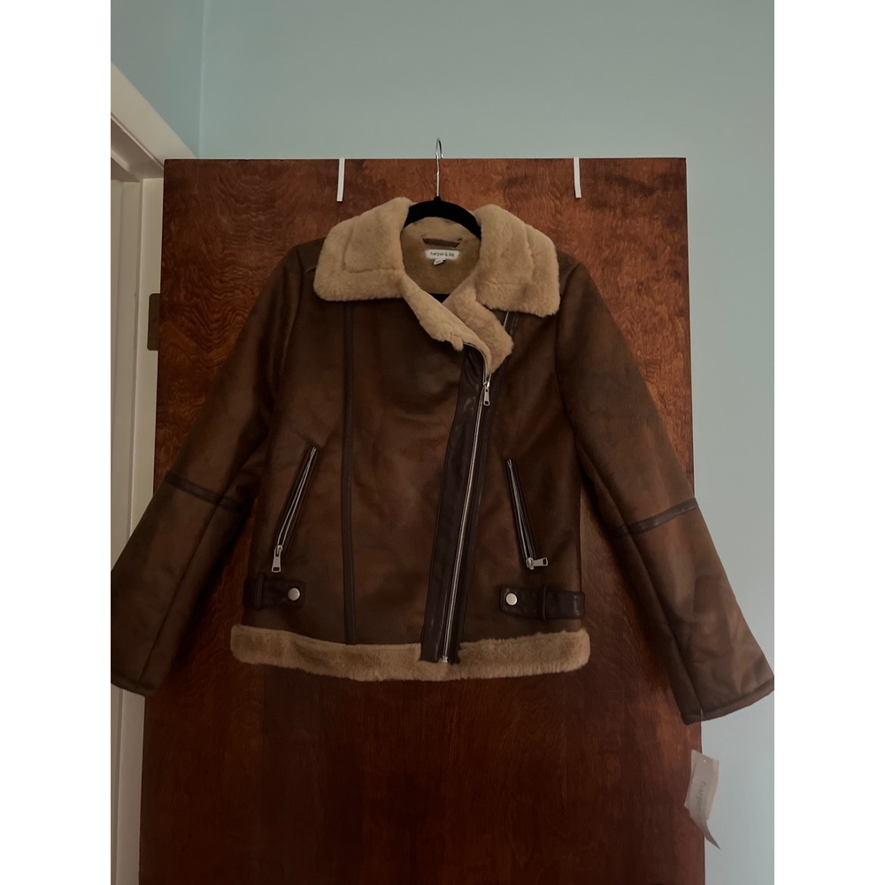 NEW Harper & Lex Moto Jacket Women Small Brown Faux Suede Fur Trim Aviator